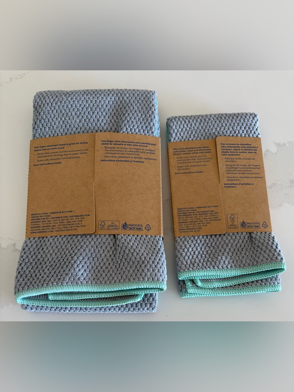 NORWEX KITCHEN TOWEL 25.59 x 13.78 & CLOTH 13.78 X 10.24 GRAY W/ AQUA SET NEW - Picture 2 of 2